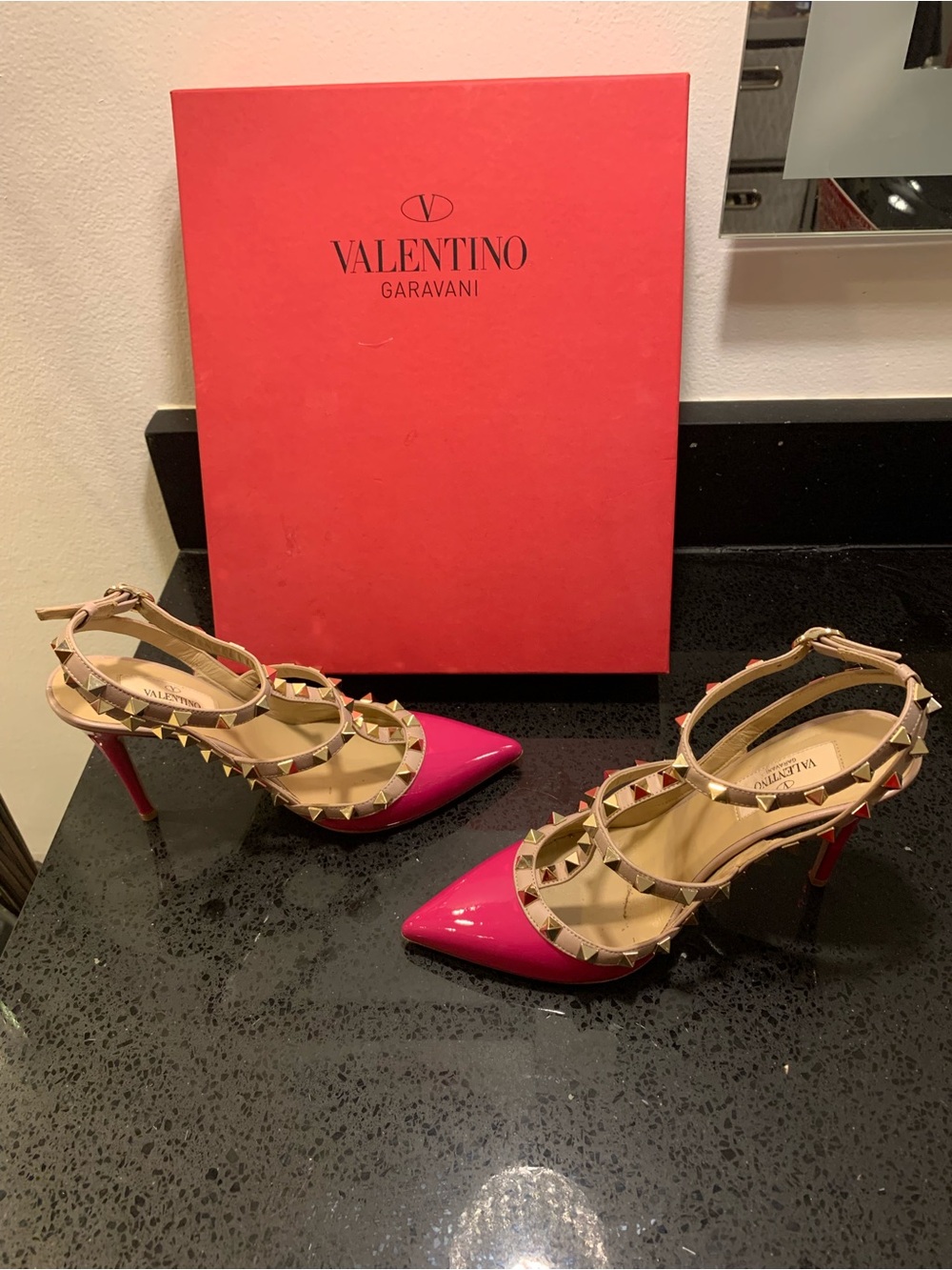 Valentino Hot Pink Patent Rockstud Strappy Pumps